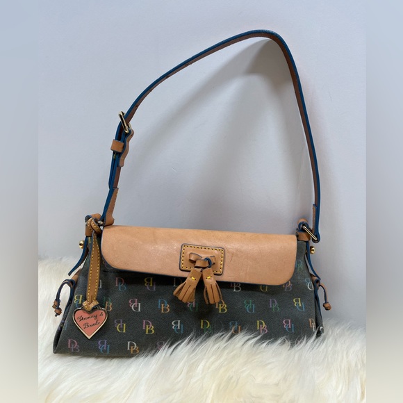 Dooney & Bourke “ Vintage It Bag” Leather Baguette Rainbow Monogram Blue Trim - Picture 4 of 17